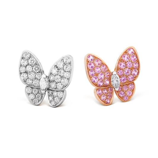 Two Butterfly earrings, 18K rose gold, round pink sapphires, rhodium plated 18K white gold, round and marquise-cut diamonds.