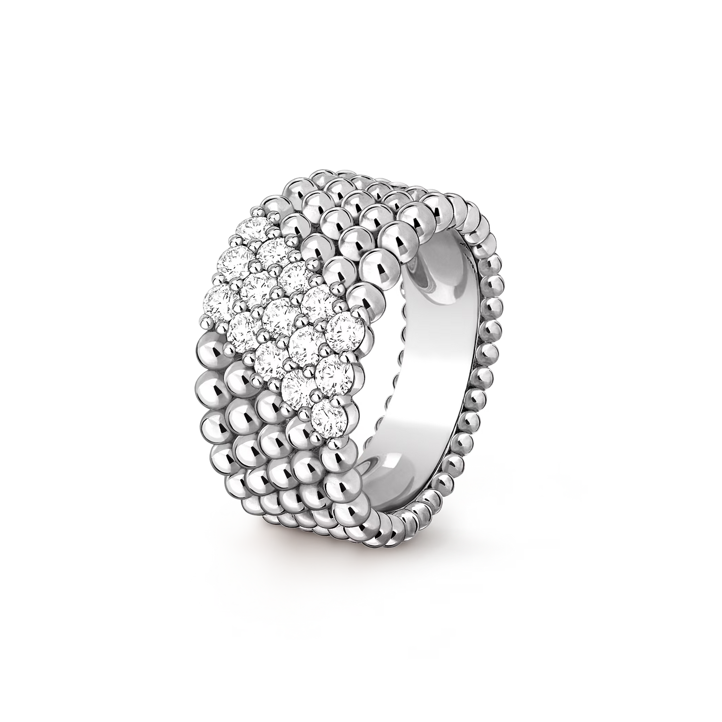 Perlée diamonds ring, 5 rows, rhodium plated 18K white gold, diamonds.