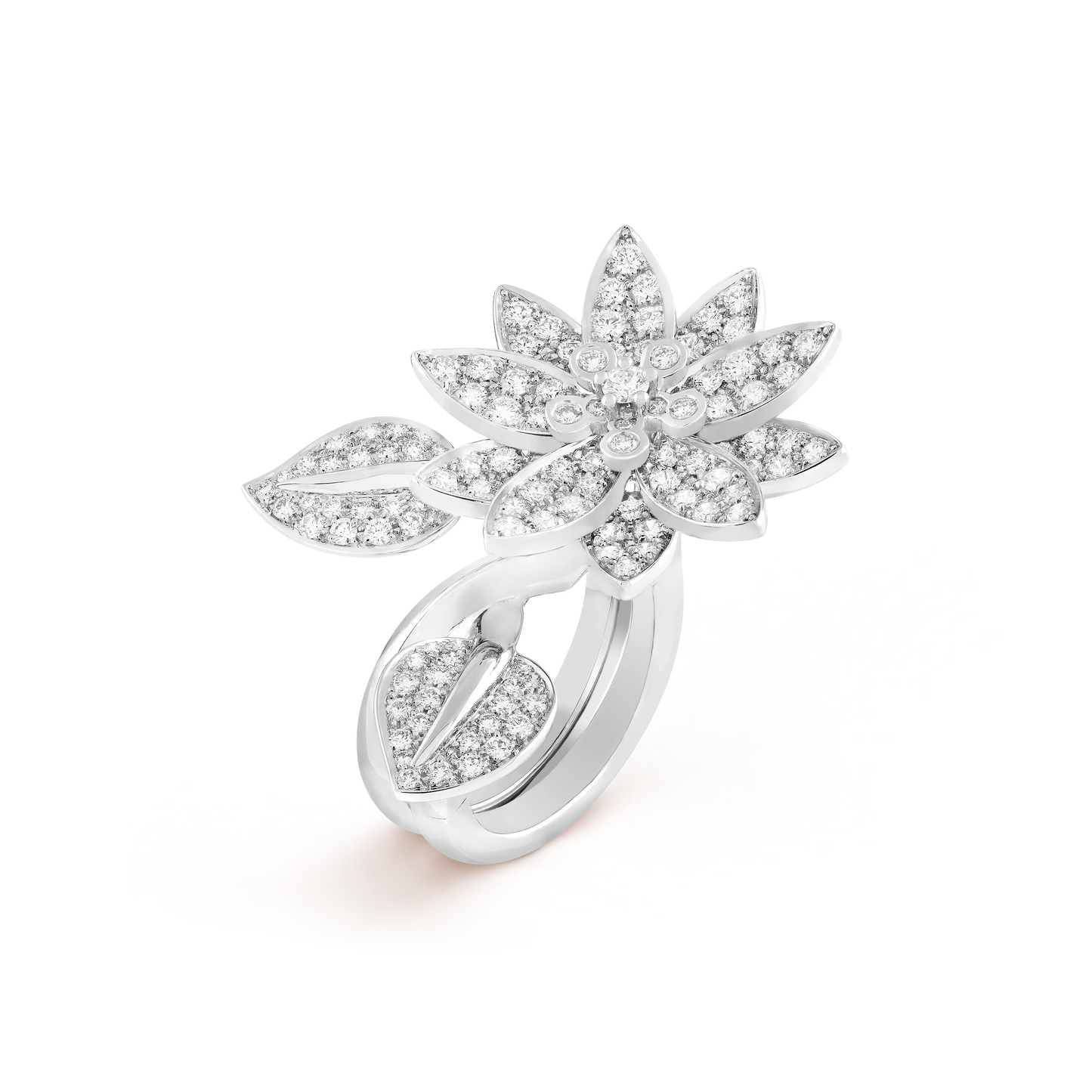 Lotus Between the Finger ring, rhodium plated 18K white gold, round diamonds.
