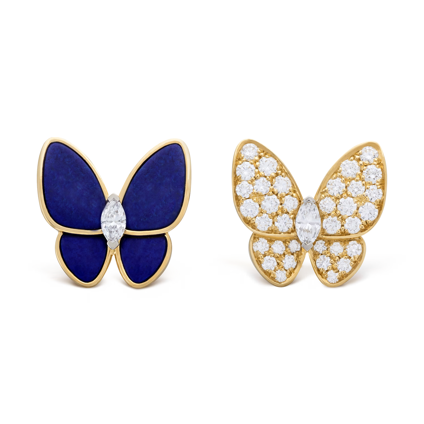 Two Butterfly earrings, 18K yellow gold, lapis lazuli, rhodium plated 18K white gold, round and marquise-cut diamonds.