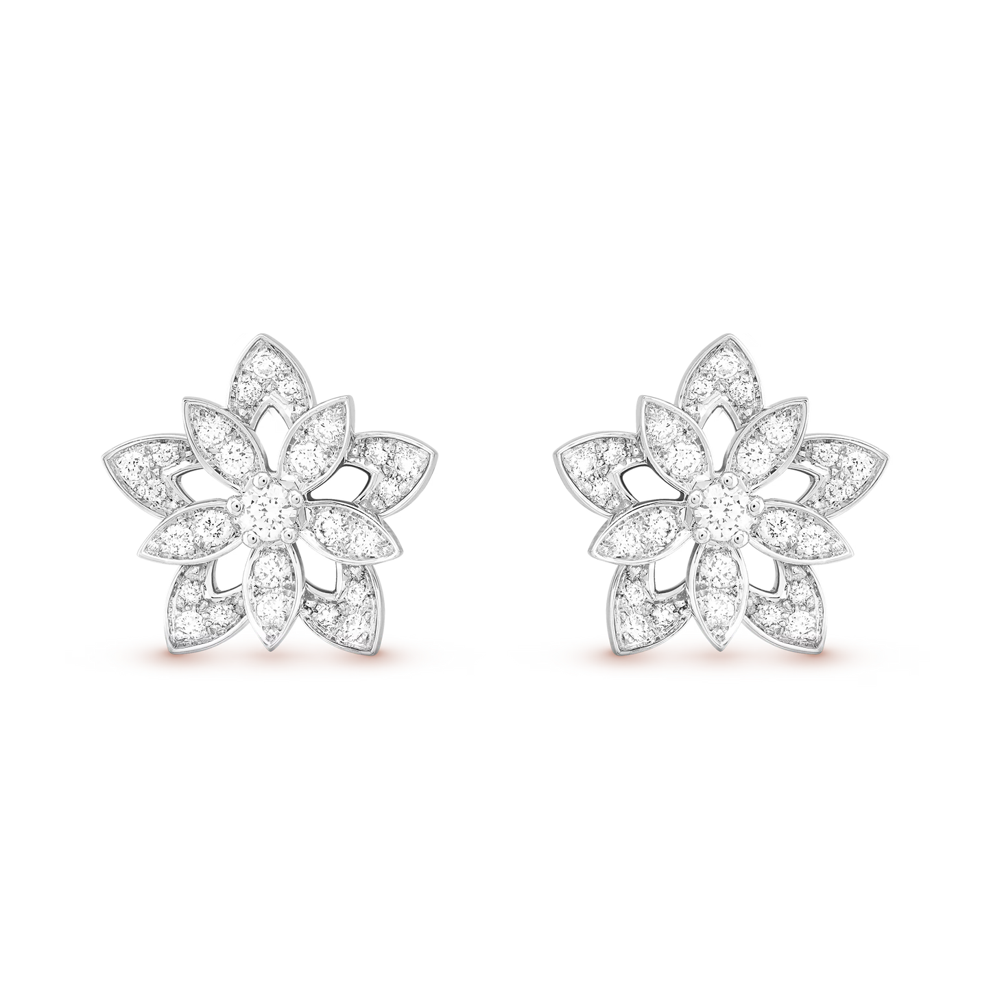 Lotus openwork earrings, mini model, rhodium plated 18K white gold, round diamonds.