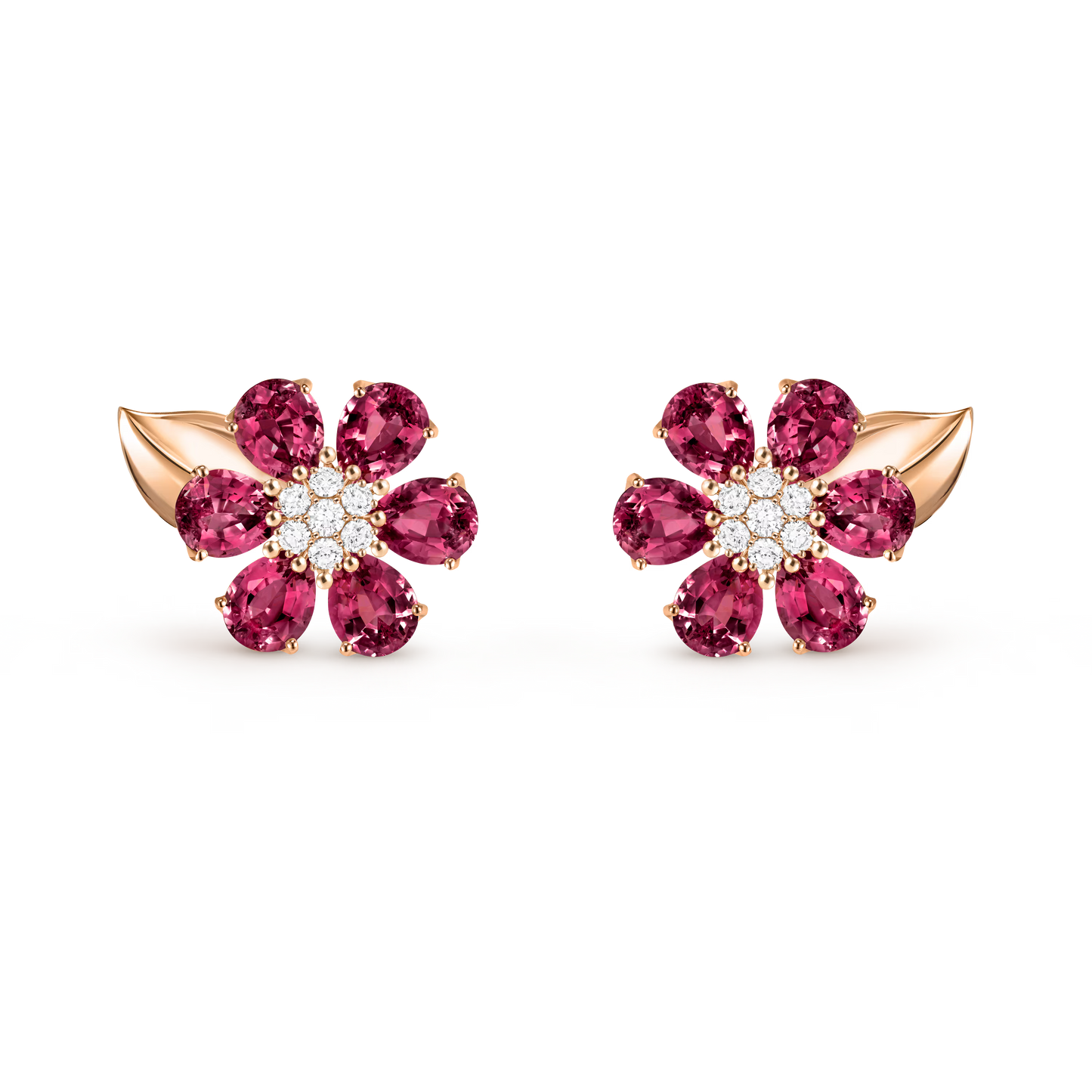 Fleurs d’Hawaï earrings, small model, 18K rose gold, rhodolites, round diamonds.