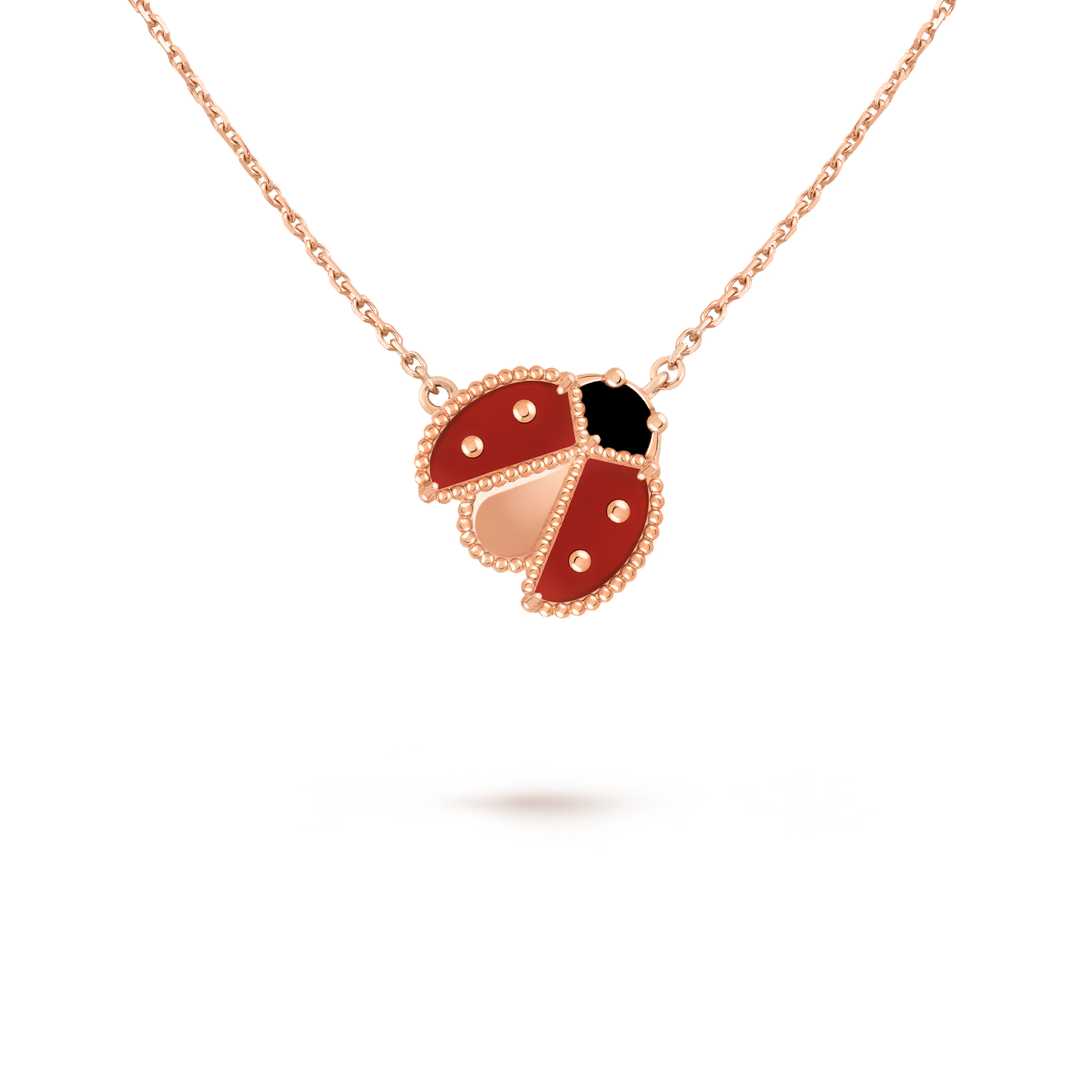 Lucky Spring pendant, open wings ladybug, 18K rose gold, carnelian, onyx.