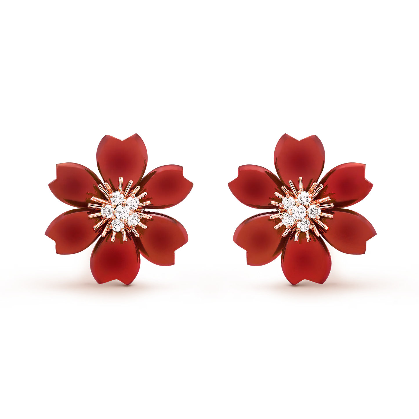 Rose de Noël earrings, small model, 18K rose gold, carnelian, round diamonds.