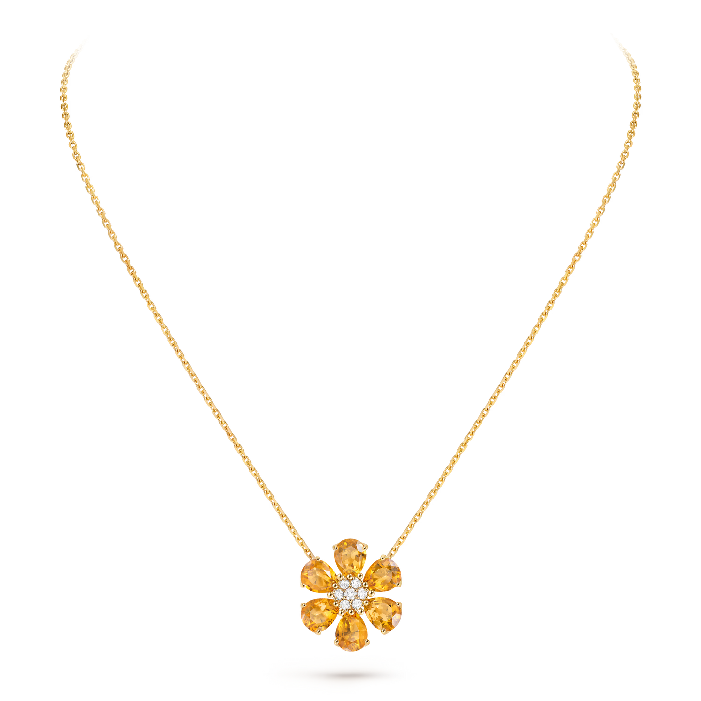 Fleurs d’Hawaï pendant, medium model, 18K yellow gold, citrines, round diamonds.