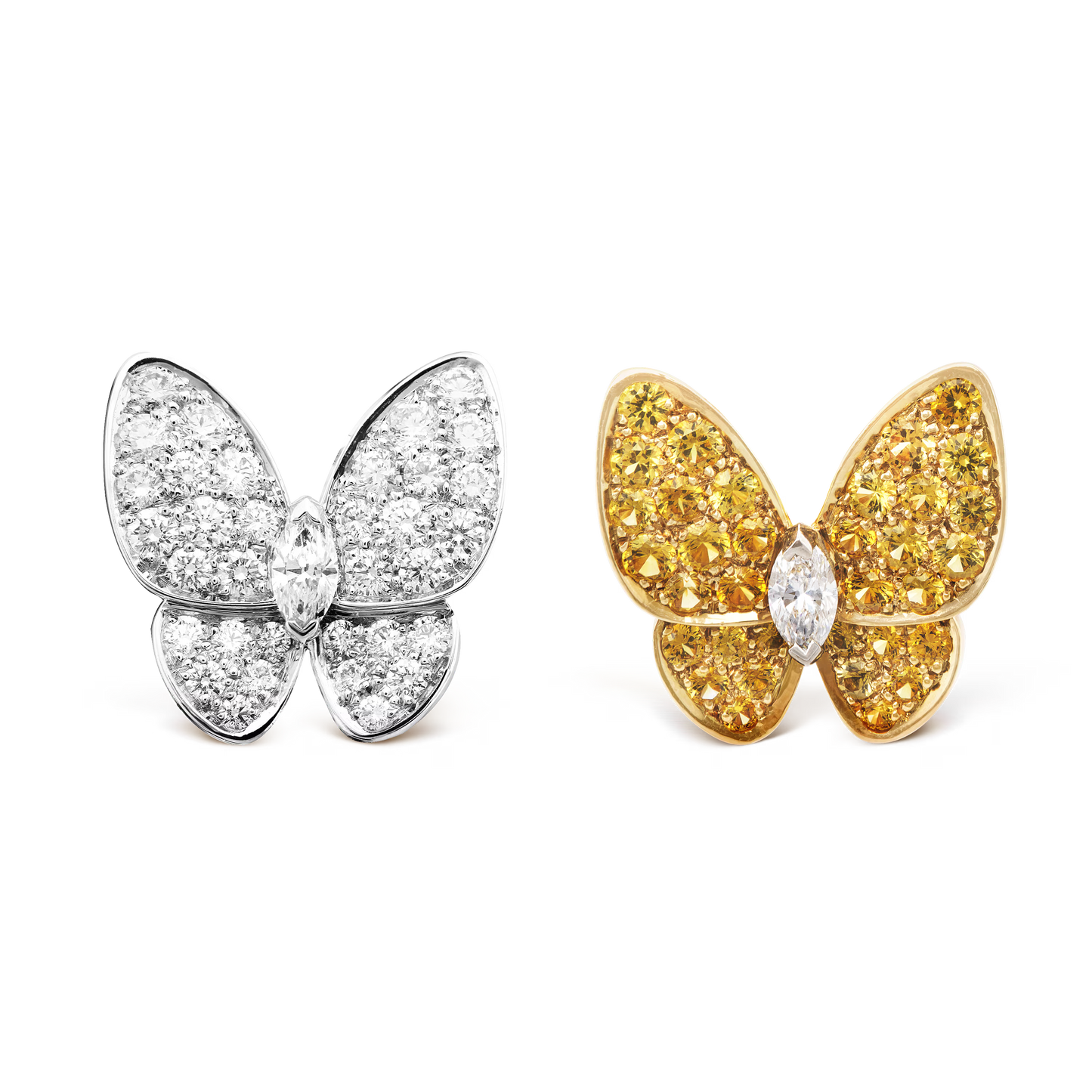 Two Butterfly earrings, 18K yellow and white gold, rhodium plated, round and marquise-cut diamonds