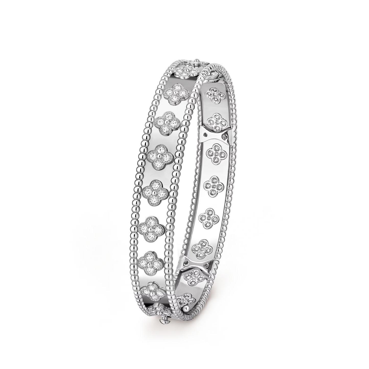 Perlée clovers bracelet, rhodium plated 18K white gold, round diamonds, medium model.