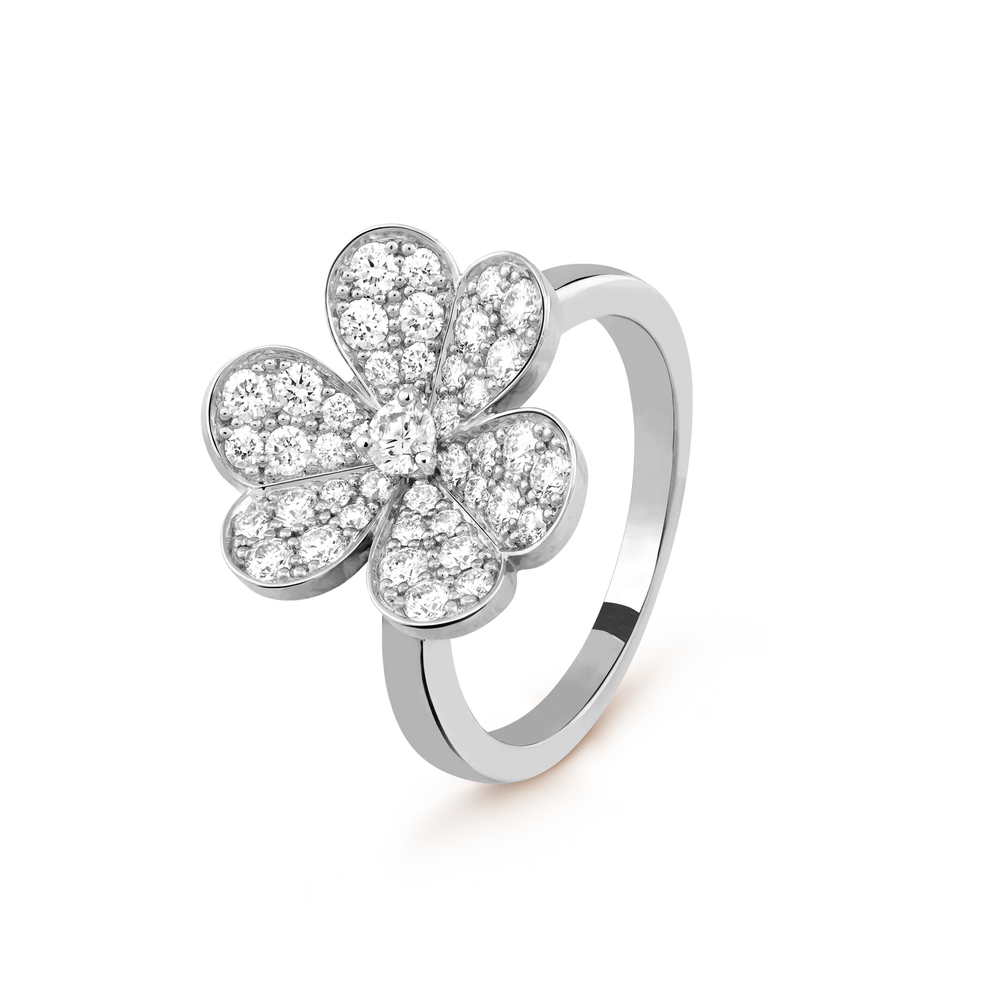 Frivole ring, 1 flower, rhodium plated 18K white gold, round diamonds.