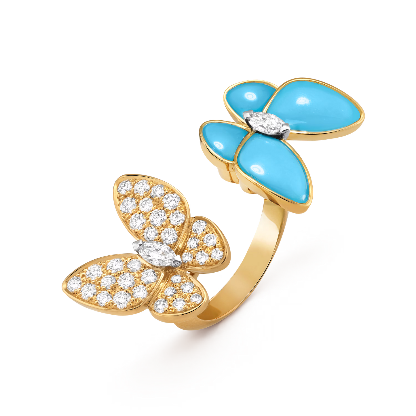 Two Butterfly Between the Finger ring, 18K yellow gold, turquoise, round diamonds, rhodium plated 18K white gold, marquise-cut diamonds,