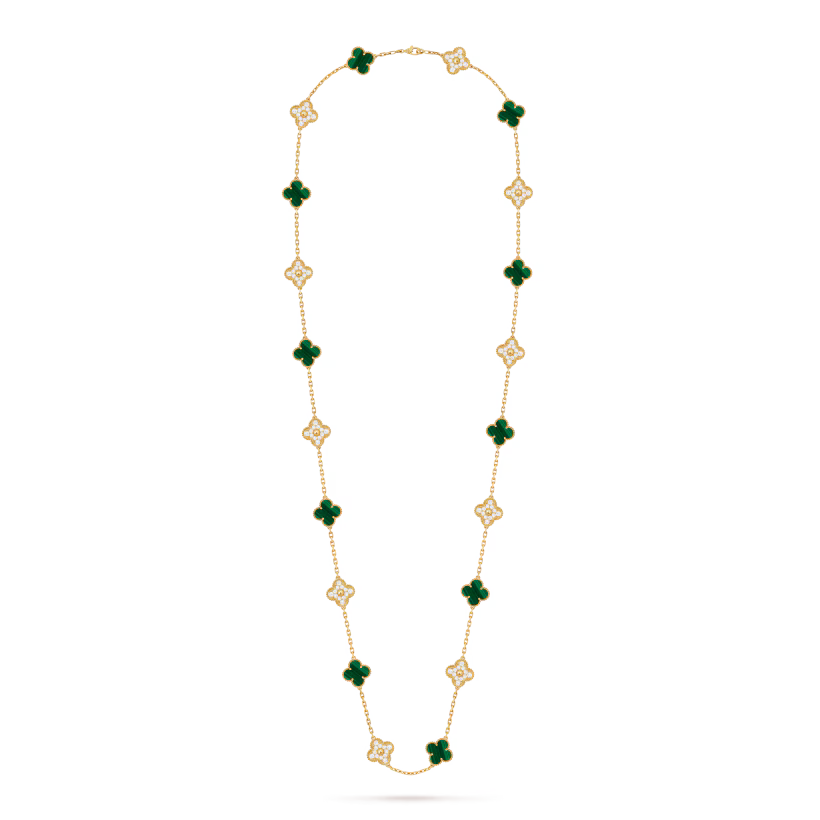 Vintage Alhambra long necklace, 20 motifs, 18K yellow gold, malachite, round diamonds