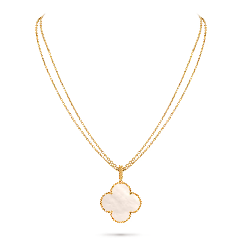 Magic Alhambra long necklace 1 motif, 18K yellow gold, white mother-of-pearl.