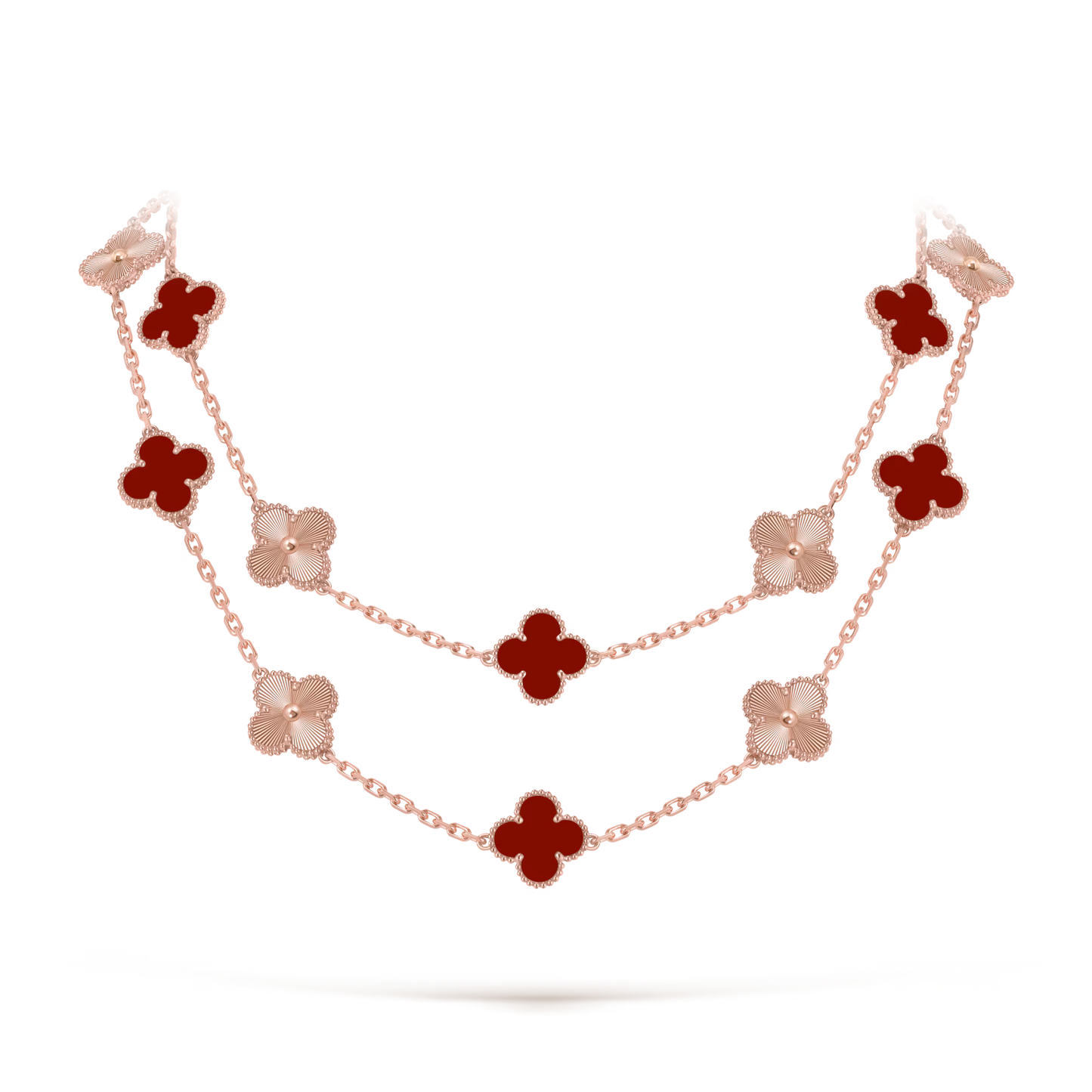Vintage Alhambra long necklace, 20 motifs, guilloché 18K rose gold, carnelian.