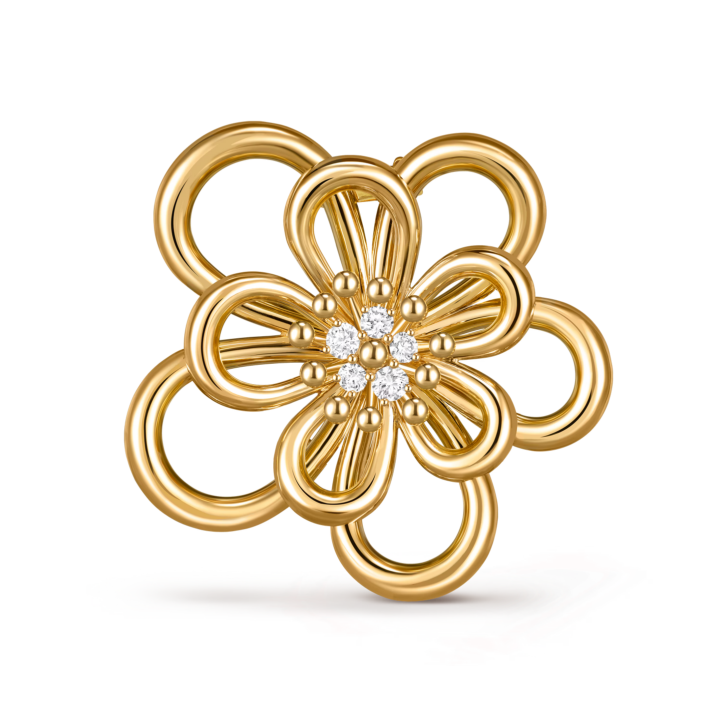 Flowerlace clip pendant, large model, yellow gold, round diamonds.