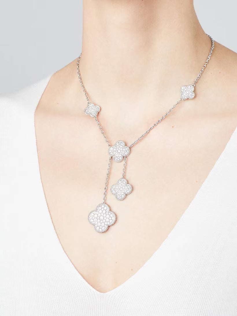 Magic Alhambra necklace, 6 motifs, rhodium plated 18K white gold, round diamonds