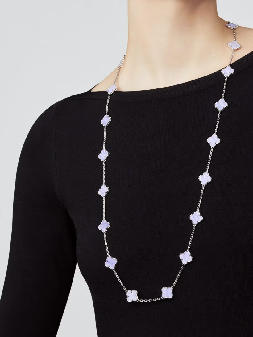 Vintage Alhambra long necklace, 20 motifs, rhodium plated 18K white gold, chalcedony.