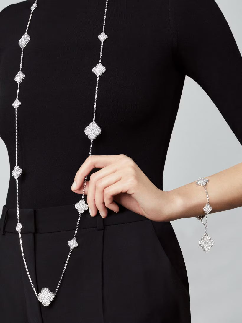 Magic Alhambra long necklace, 16 motifs, rhodium plated 18K white gold, round diamonds
