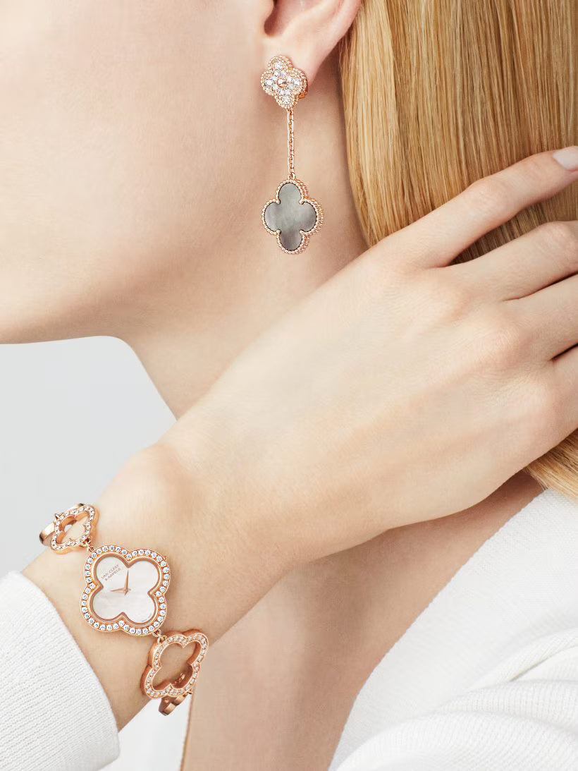 Magic Alhambra earrings, 2 motifs, 18K rose gold, gray mother-of-pearl, round diamonds
