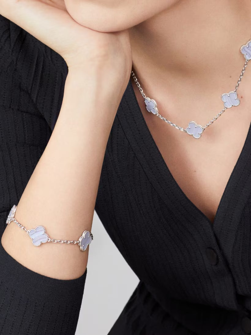 Vintage Alhambra necklace, 10 motifs, rhodium plated 18K white gold, chalcedony.
