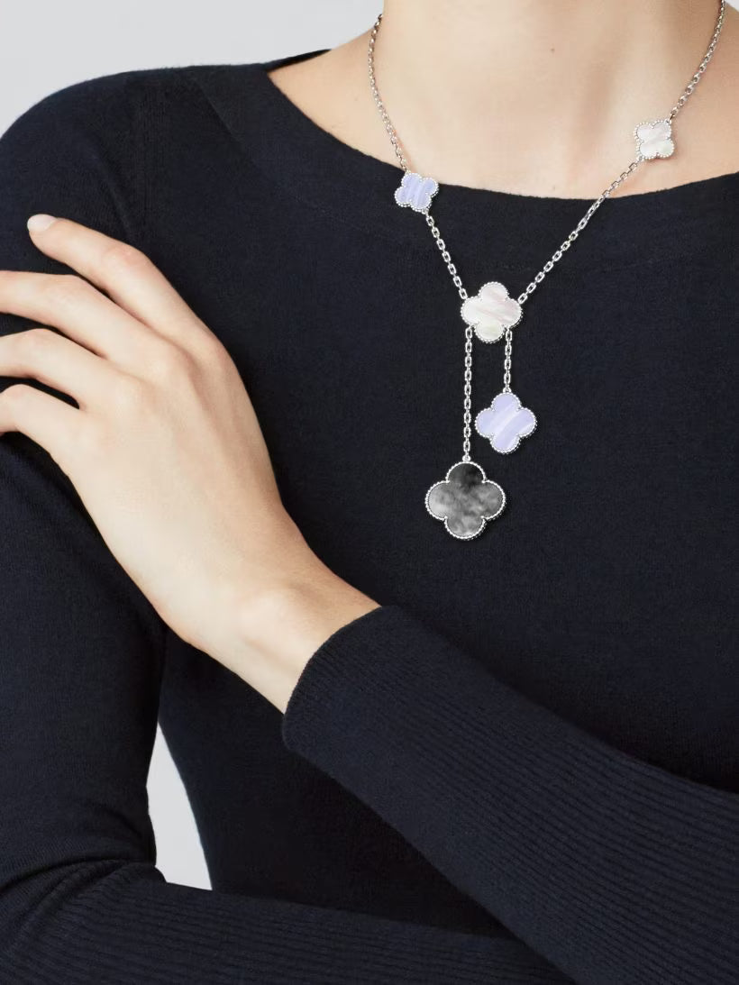 Magic Alhambra necklace, 6 motifs, rhodium plated 18K white gold, white and gray mother-of-pearl, chalcedony.