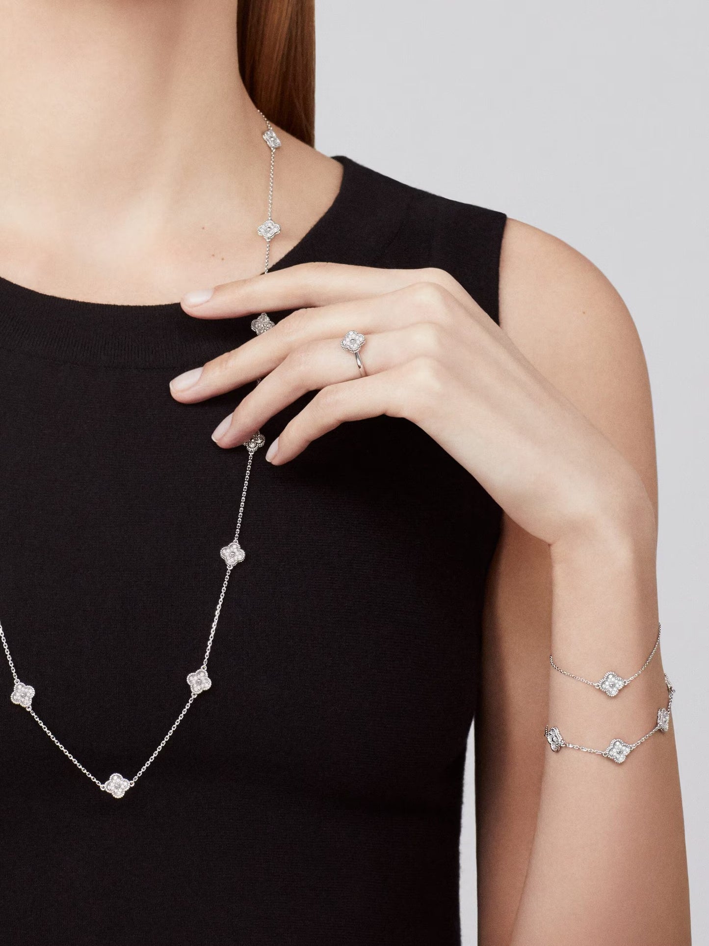 Sweet Alhambra long necklace, 16 motifs, rhodium plated 18K white gold, round diamonds