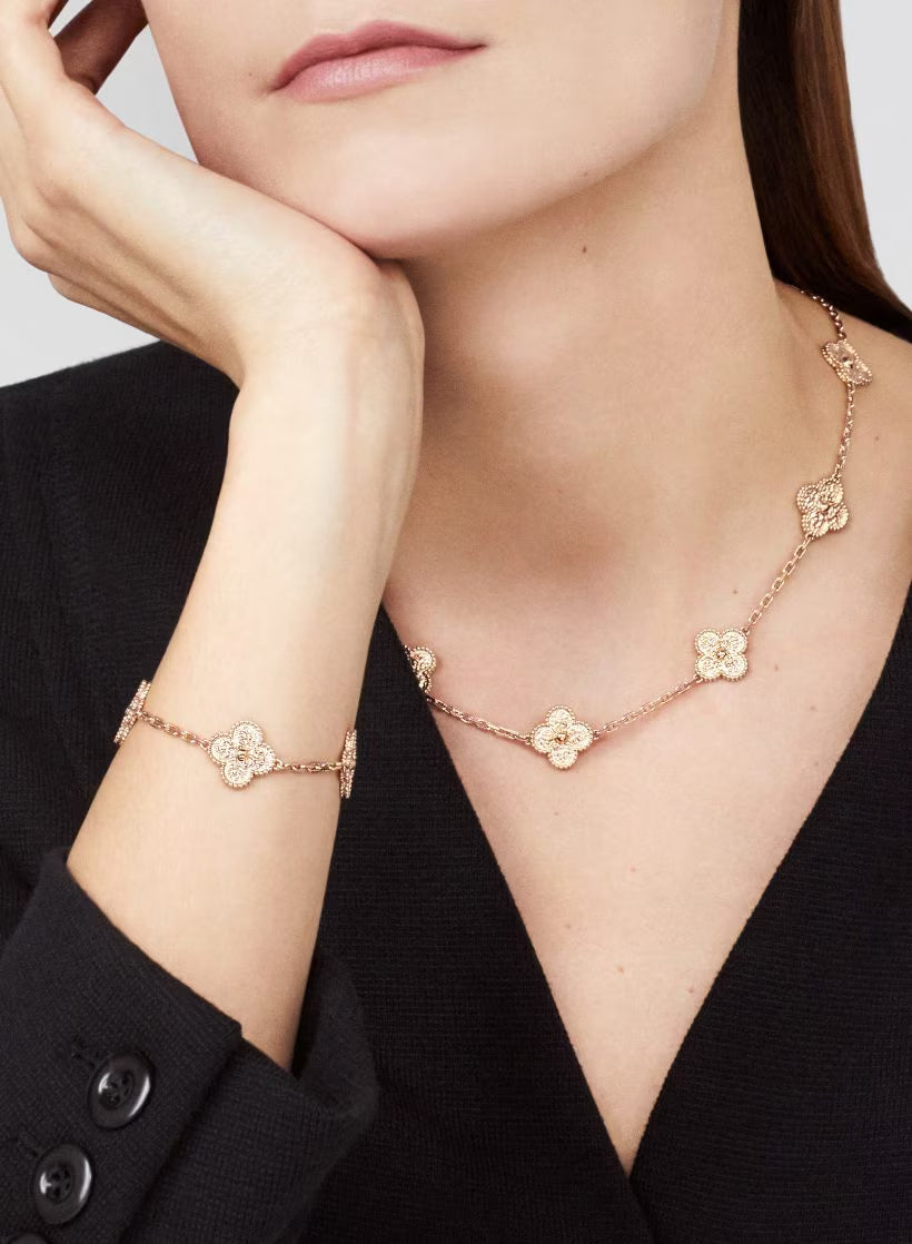 Vintage Alhambra necklace, 10 motifs, textured 18K rose gold.