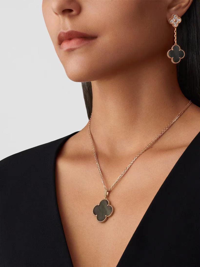 Magic Alhambra earrings, 2 motifs, 18K rose gold, gray mother-of-pearl, round diamonds
