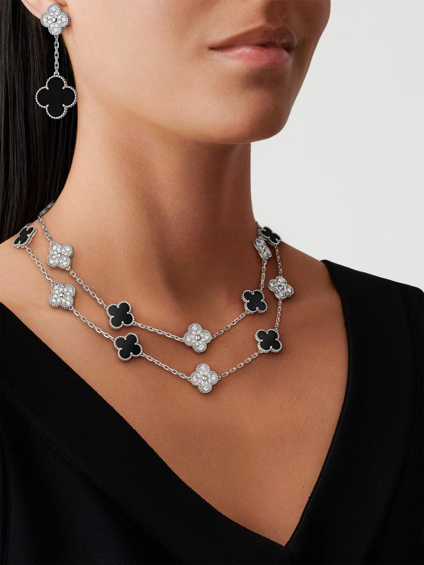 Vintage Alhambra long necklace, 20 motifs, rhodium plated 18K white gold, onyx, round diamonds