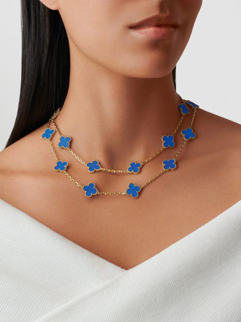 Vintage Alhambra long necklace, 20 motifs, 18K yellow gold, blue agate.