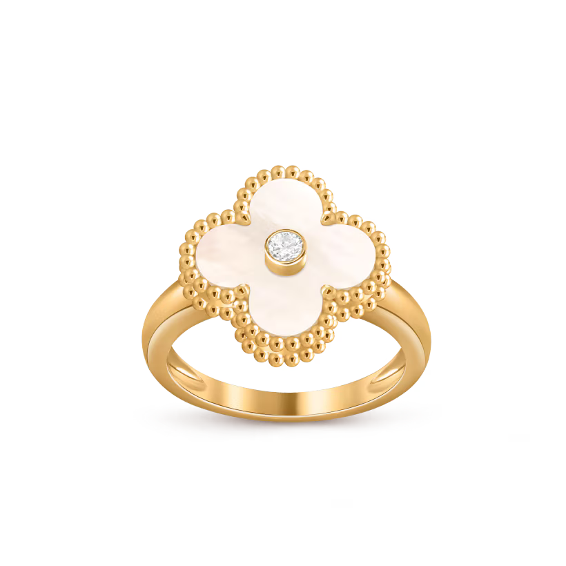 Vintage Alhambra ring, 18K yellow gold, white mother-of-pearl, round diamond