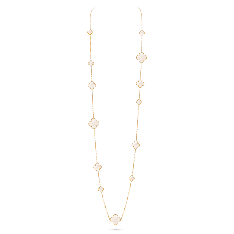 Magic Alhambra long necklace, 16 motifs, 18K yellow gold, white mother-of-pearl.