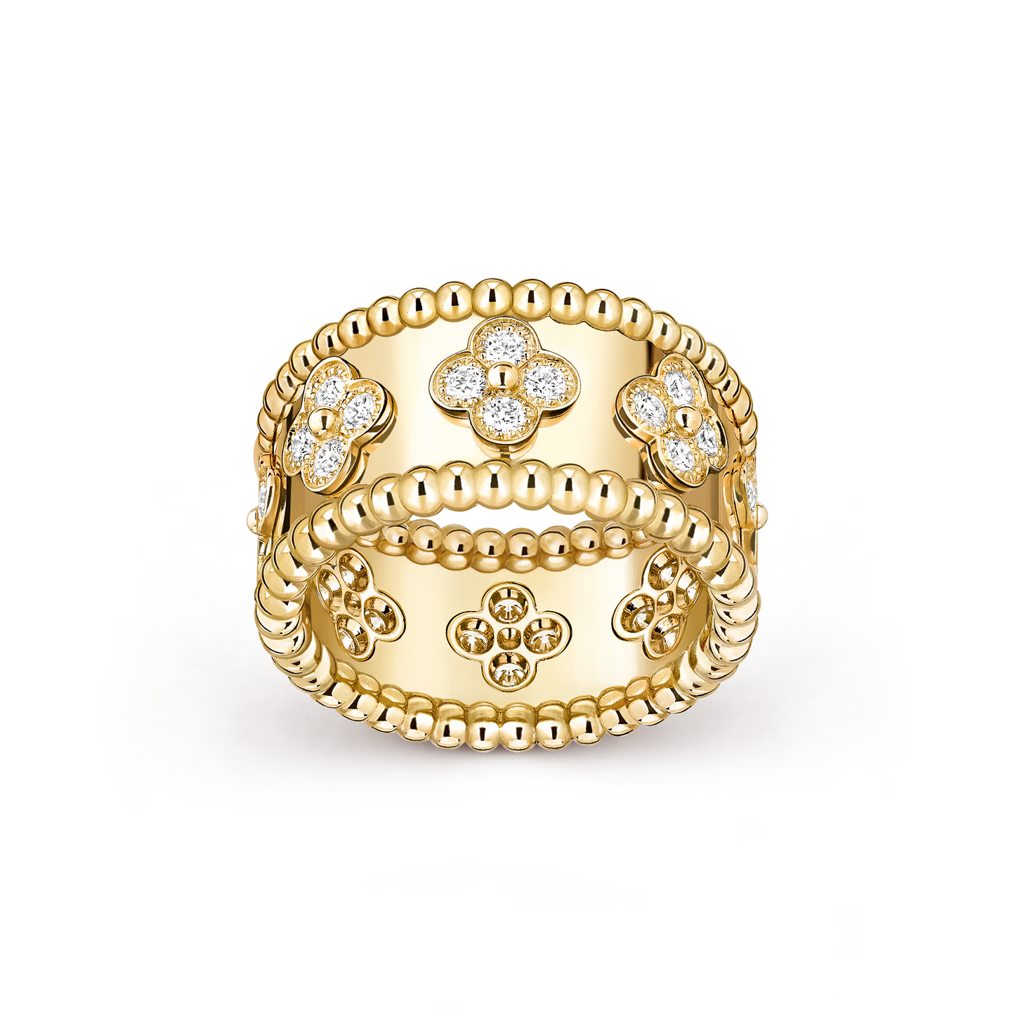Perlée clovers ring, 18K yellow gold, round diamonds, medium model.