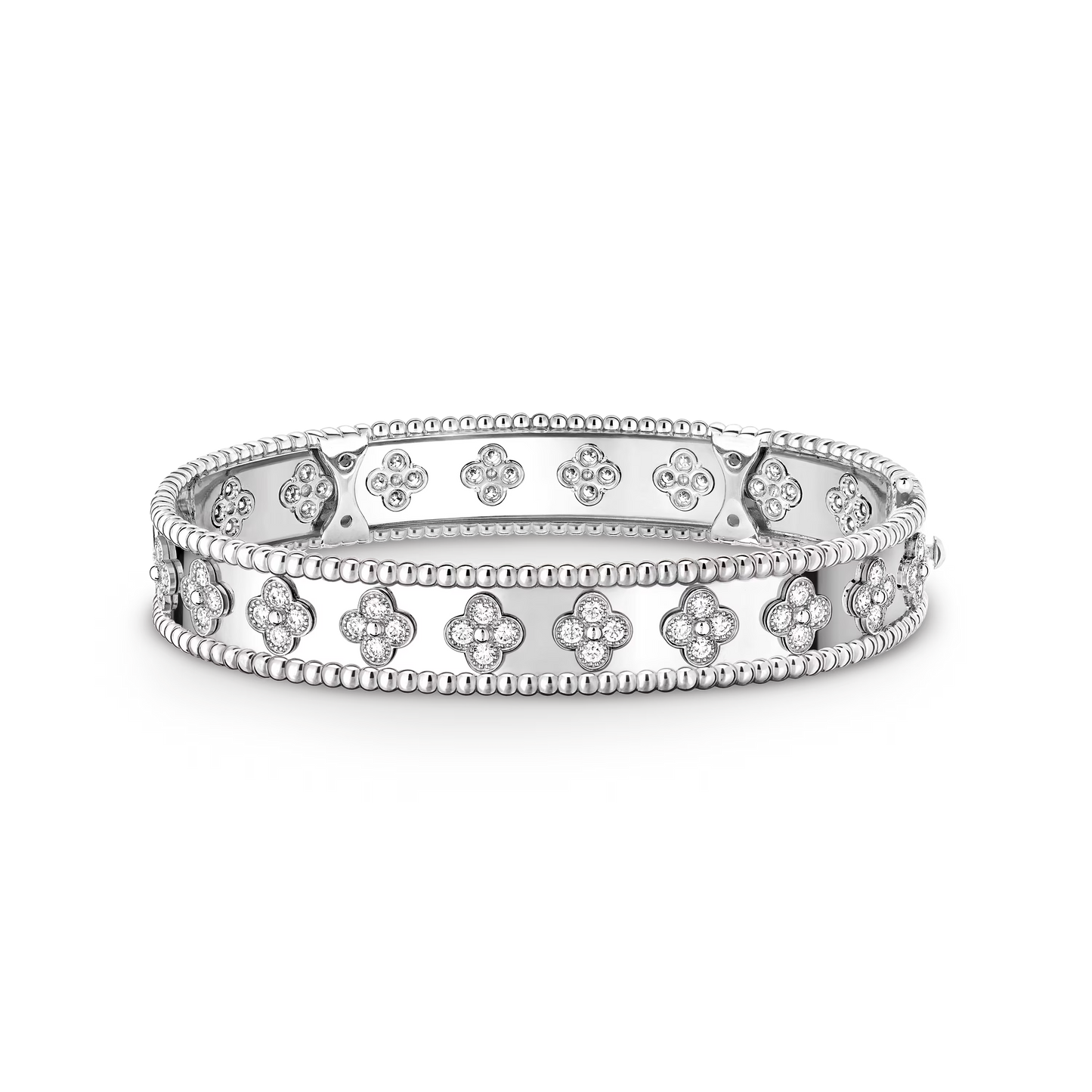 Perlée clovers bracelet, rhodium plated 18K white gold, round diamonds, medium model.
