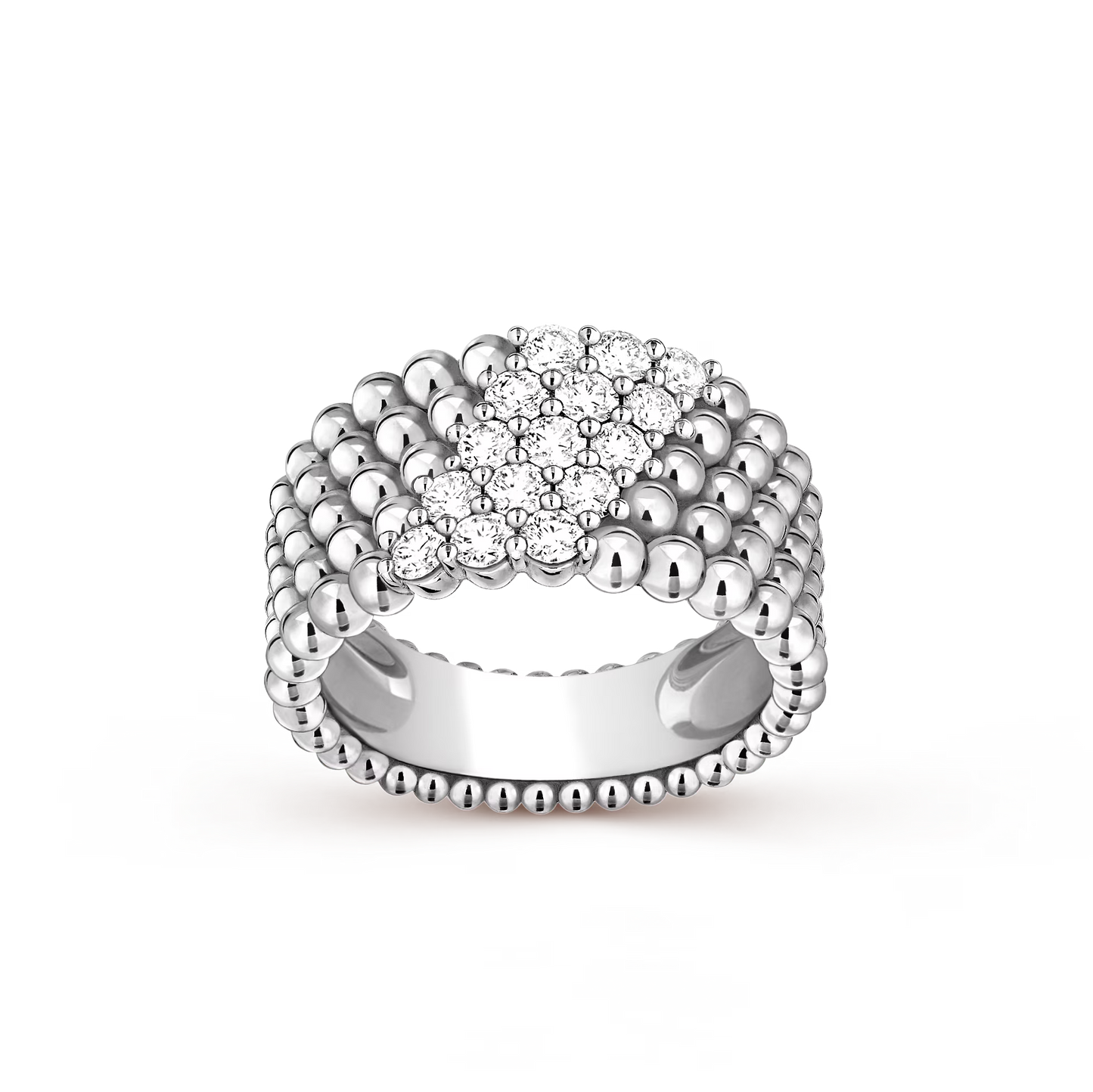 Perlée diamonds ring, 5 rows, rhodium plated 18K white gold, diamonds.