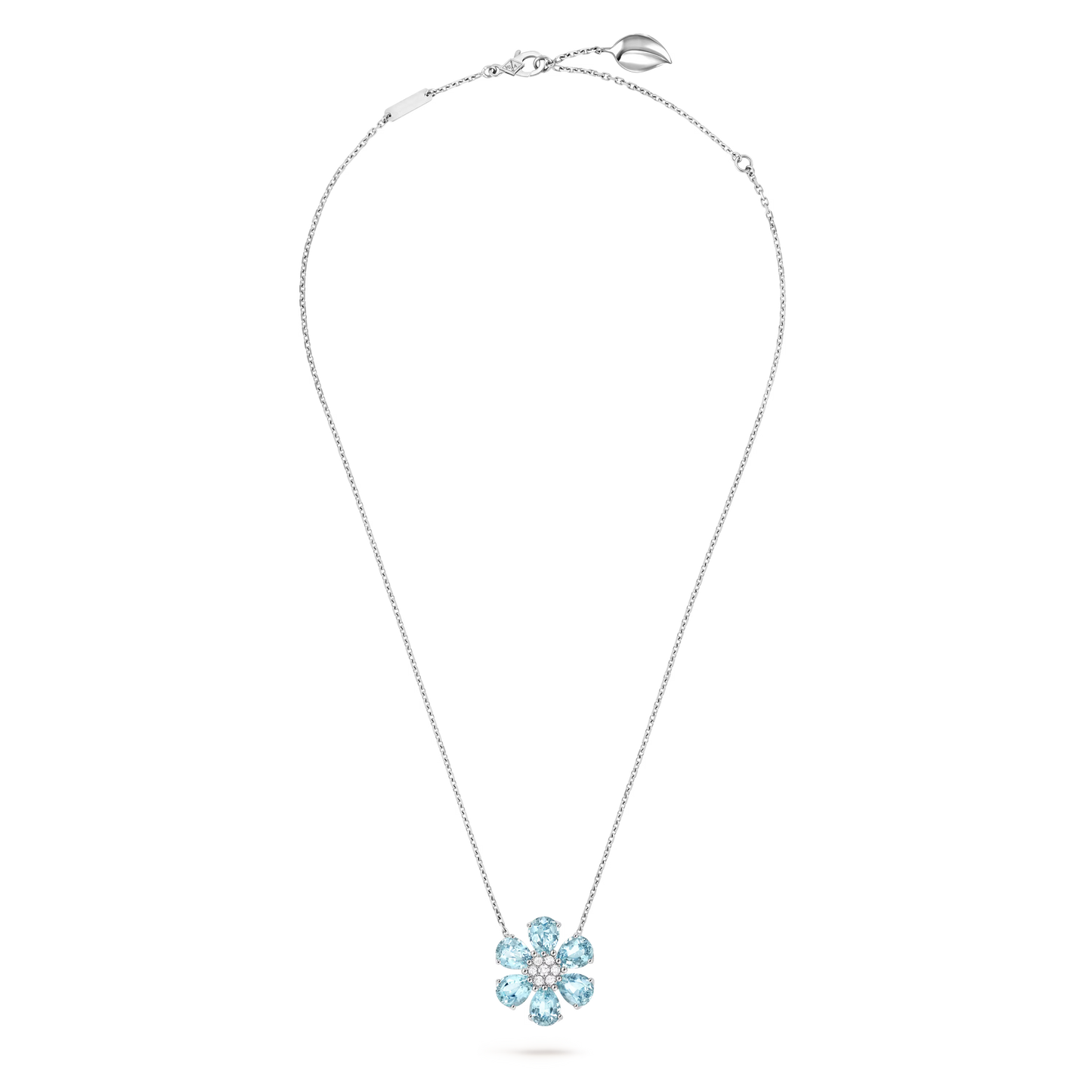 Fleurs d’Hawaï pendant, medium model, 18K white gold, aquamarines, round diamonds.