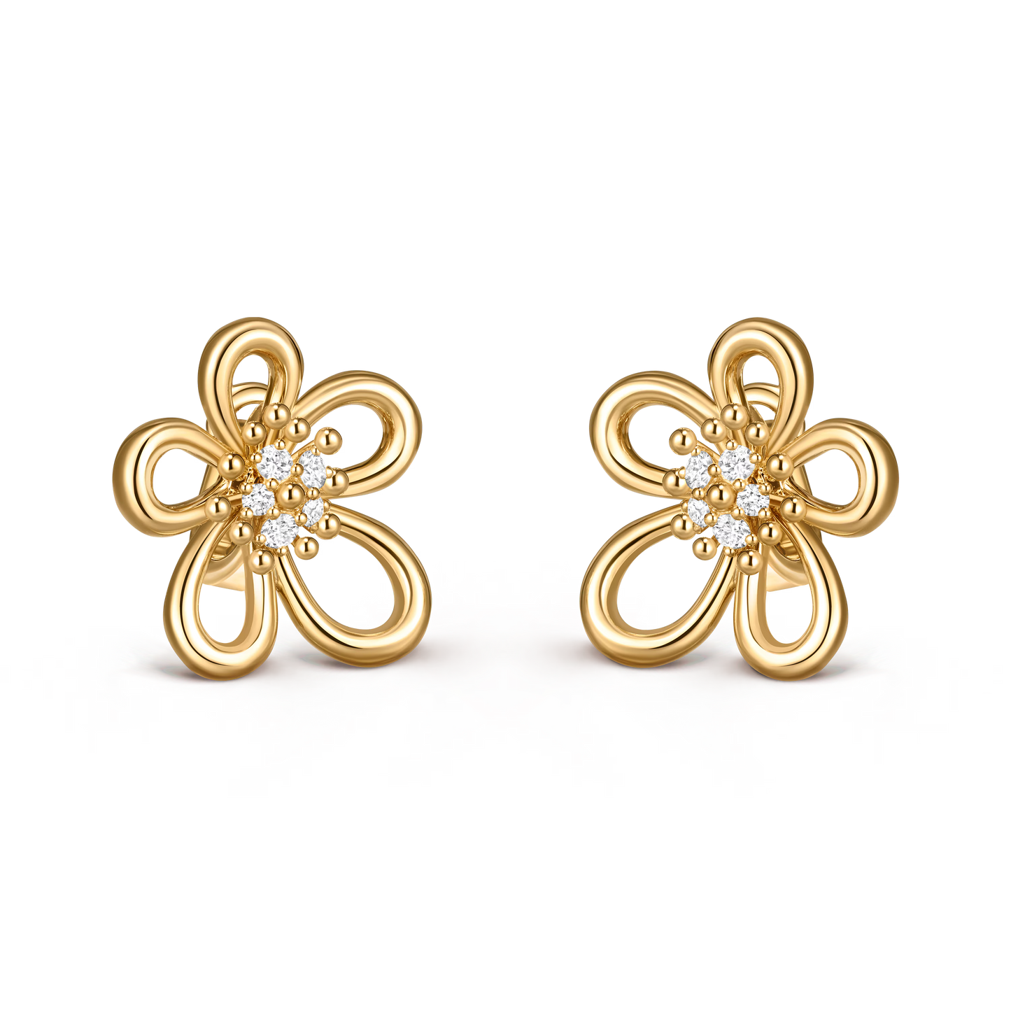 Flowerlace earrings, small model, yellow gold, round diamonds.