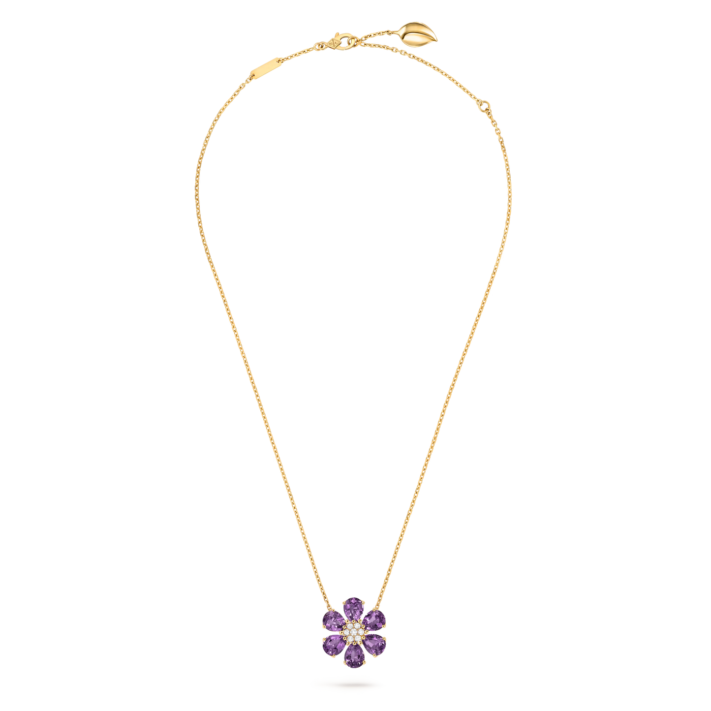 Fleurs d’Hawaï pendant, medium model, 18K yellow gold, amethysts, round diamonds.