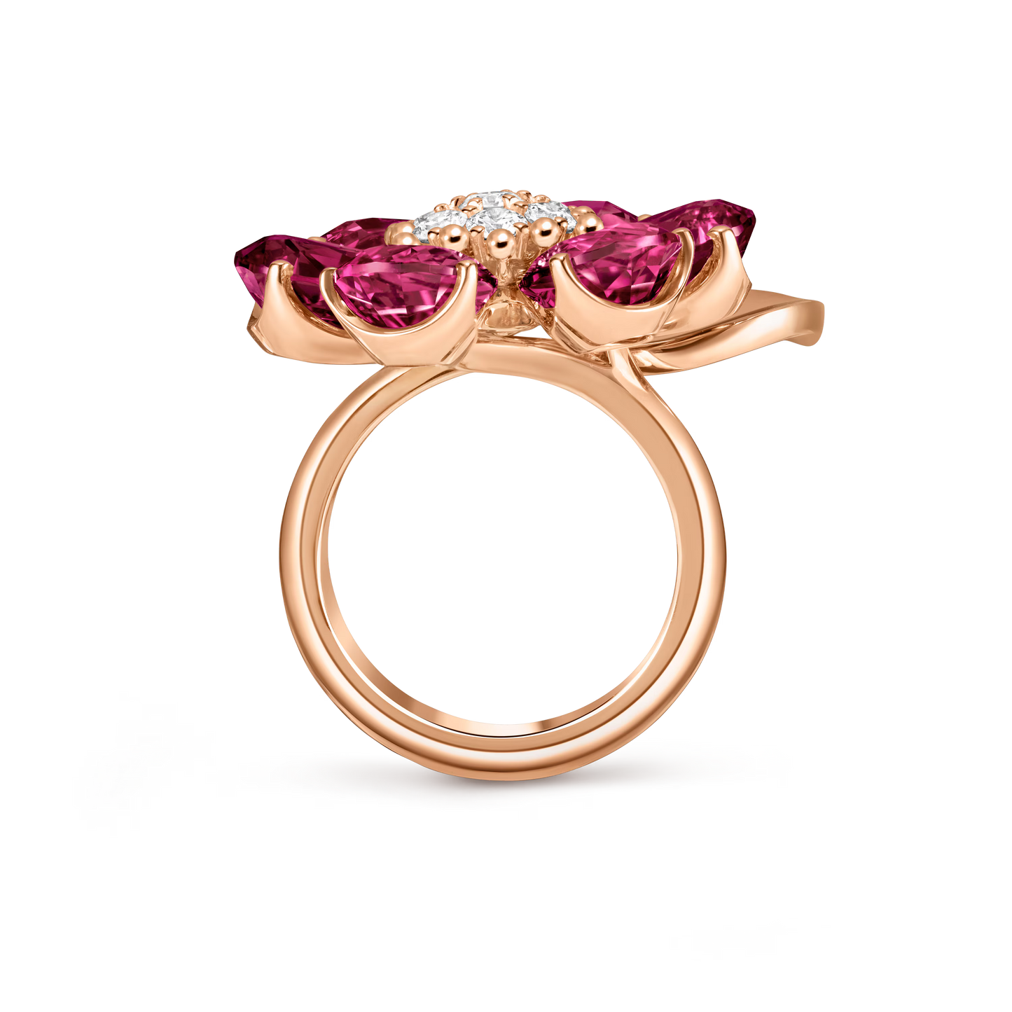 Fleurs d’Hawaï ring, large model, 18K rose gold, rhodolites, round diamonds.