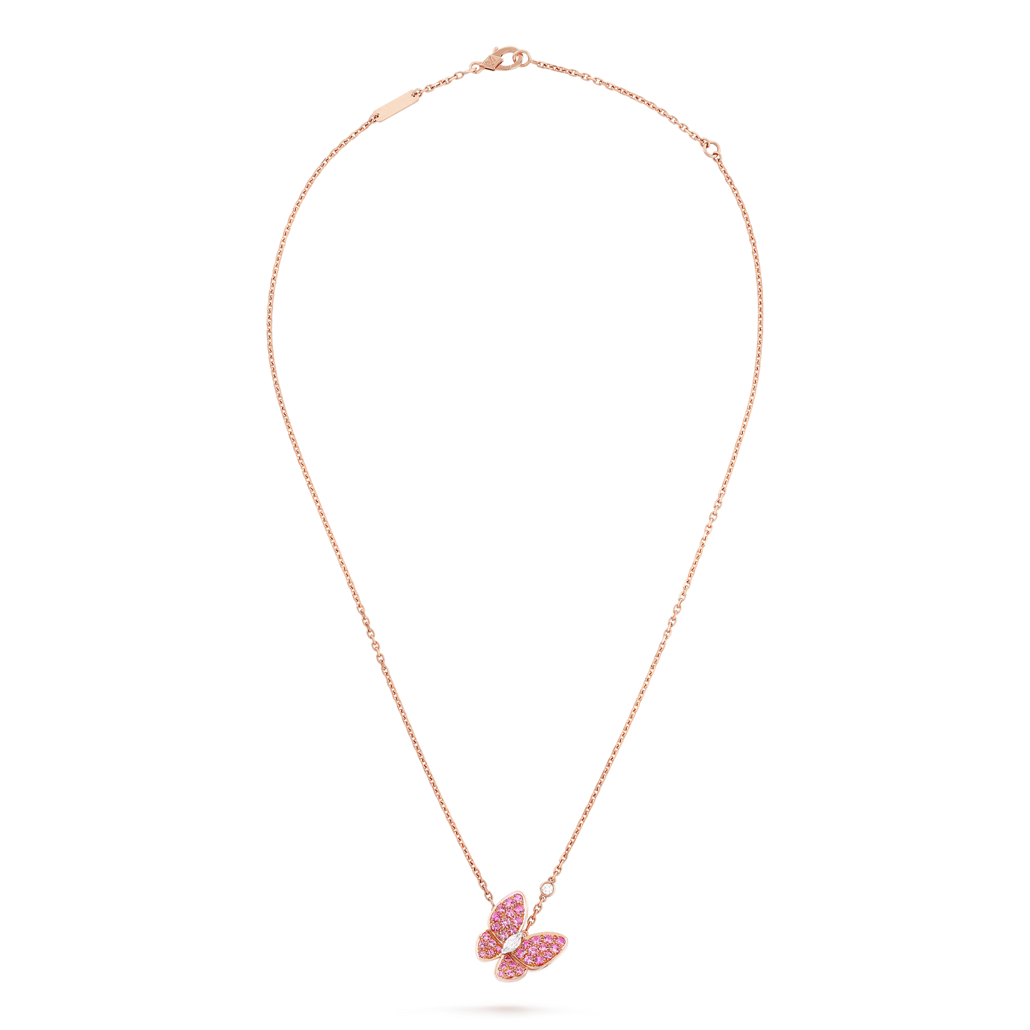 Two Butterfly pendant, 18K rose gold, rhodium plated 18K white gold, round and marquise-cut diamonds.