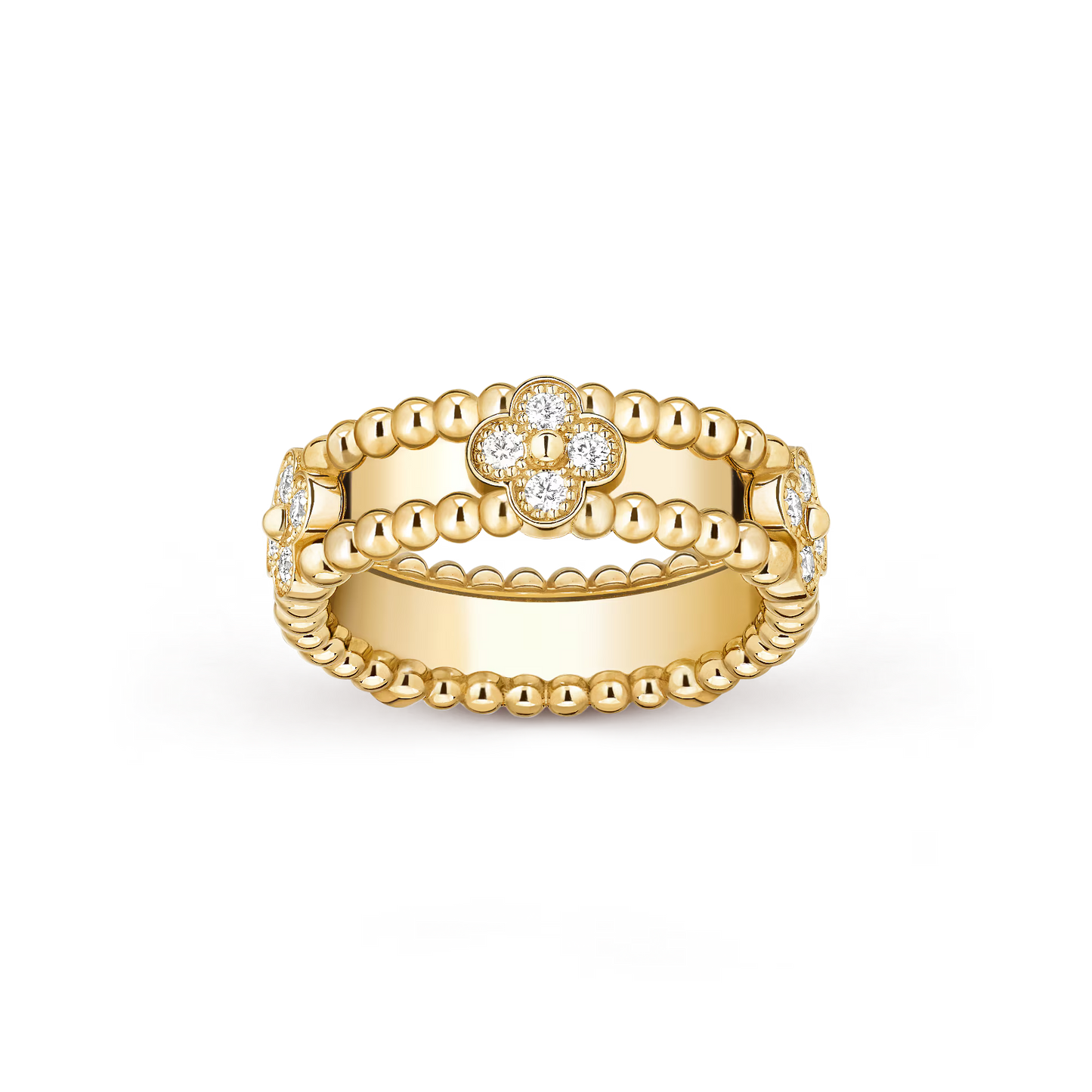 Perlée sweet clovers ring, 18K yellow gold, round diamonds.