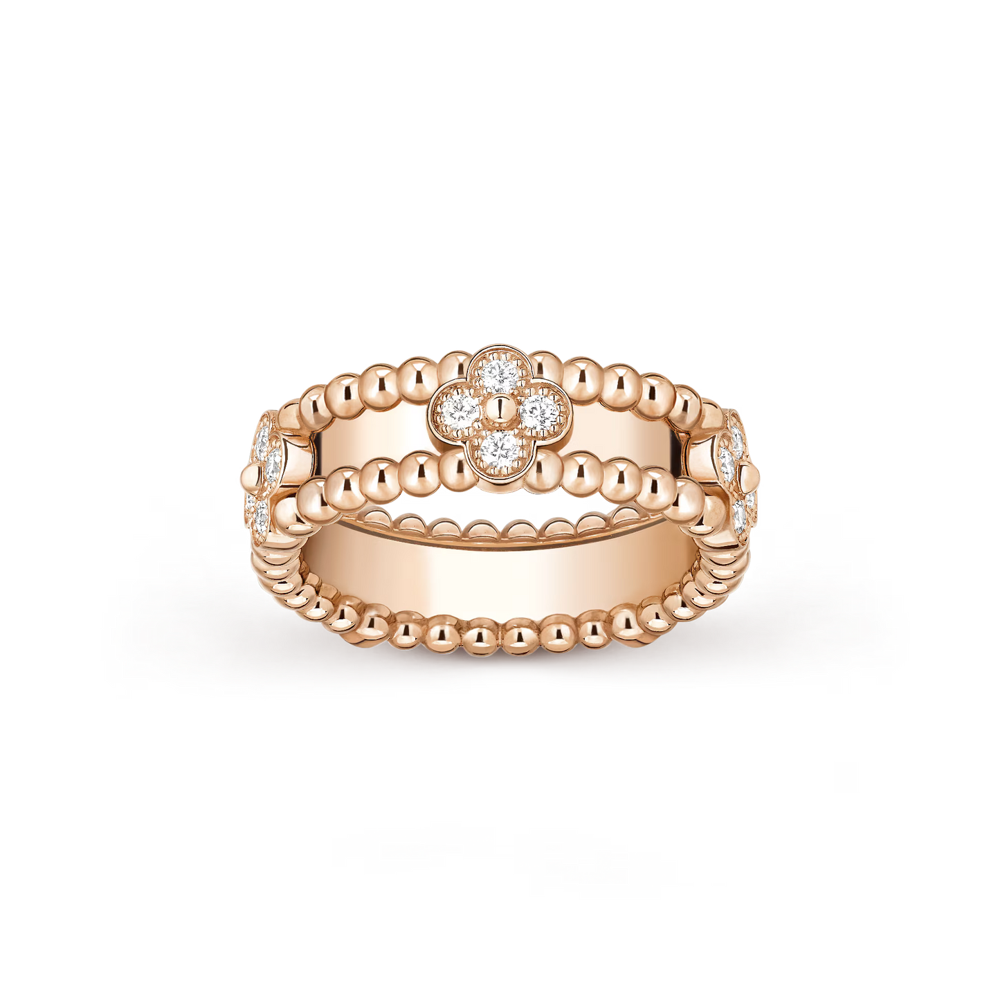 Perlée sweet clovers ring, 18K rose gold, round diamonds.
