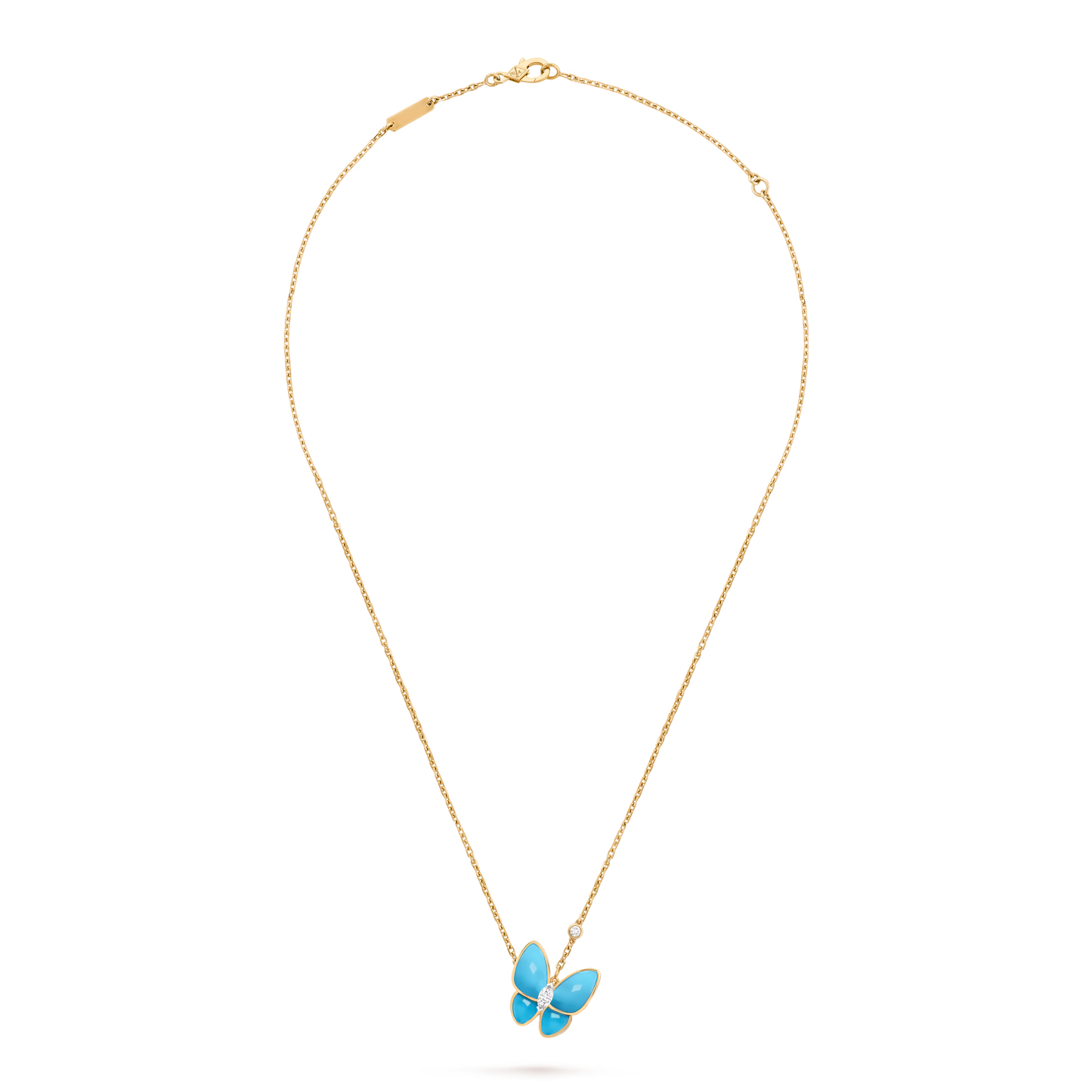 Two Butterfly pendant, 18K yellow gold, turquoise, rhodium plated 18K white gold,round and marquise-cut diamond.