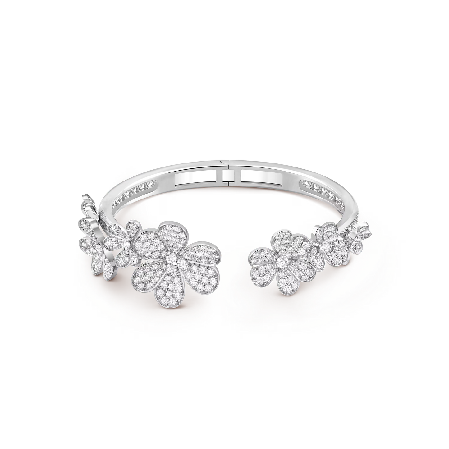 Frivole bracelet, 7 flowers, rhodium-plated 18K white gold, round diamonds, medium model.