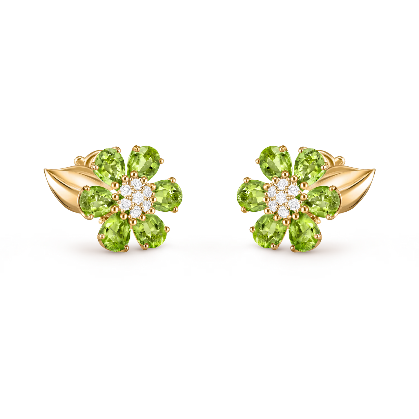 Fleurs d’Hawaï earrings, small model, 18K yellow gold, peridots, round diamonds.