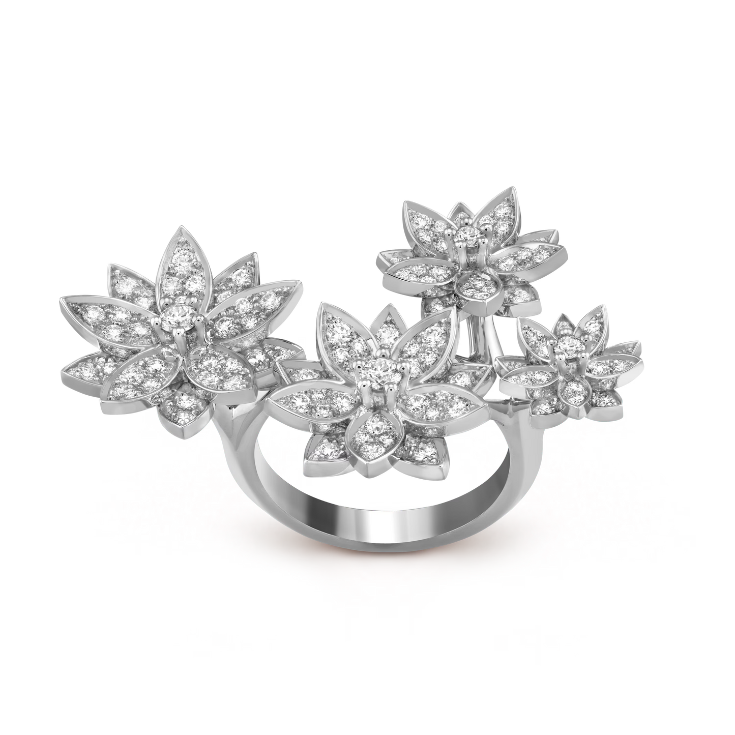 Lotus Between the Finger ring, 4 flowers, rhodium plated 18K white gold, round diamonds.