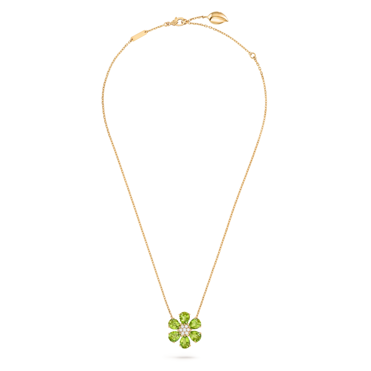 Fleurs d’Hawaï pendant, medium model, 18K yellow gold, peridots, round diamonds.