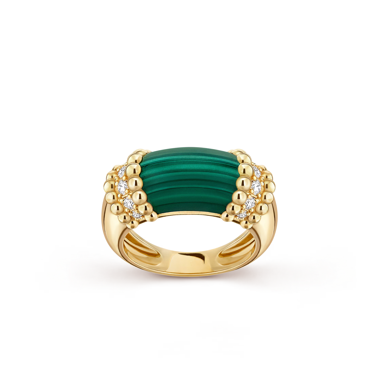 Perlée couleurs ring, 18K yellow gold, malachite, round diamonds.