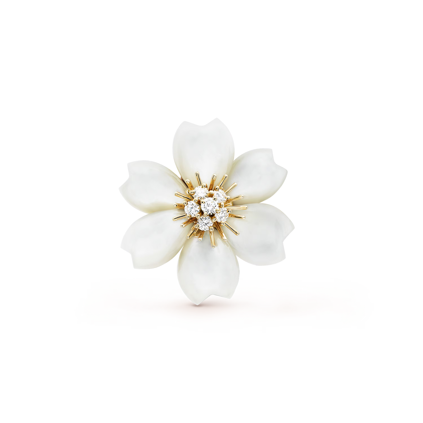 Rose de Noël clip pendant, small model, 18K yellow gold, white mother-of-pearl, round diamonds.
