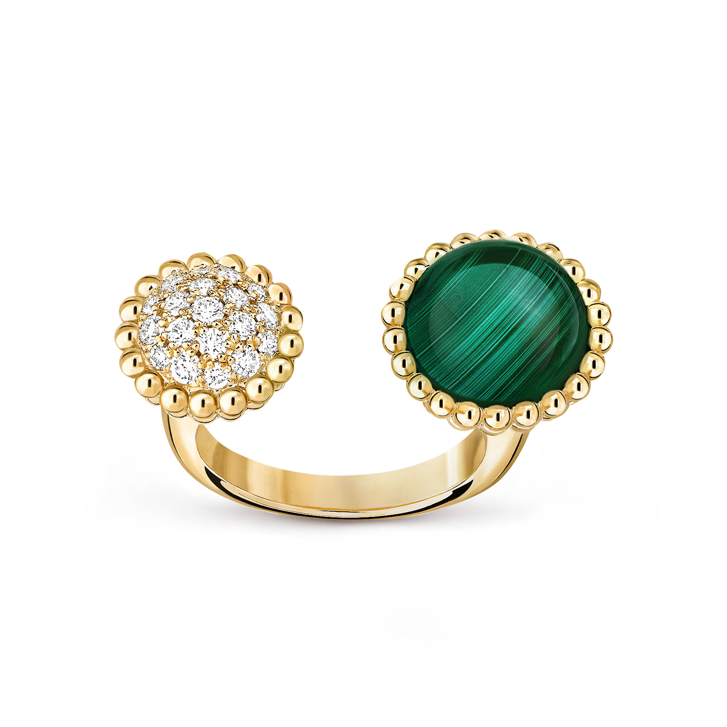 Perlée couleurs Between the Finger ring, 18K yellow gold, malachite, round diamonds.
