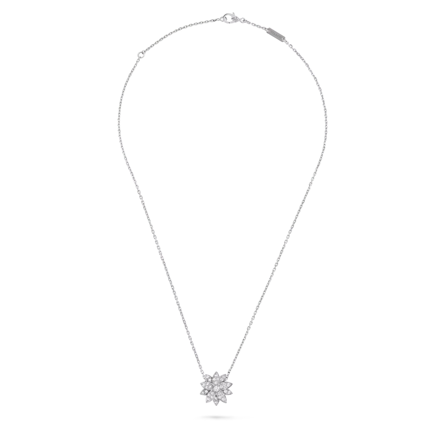 Lotus pendant, small model, rhodium plated 18K white gold, round diamonds.