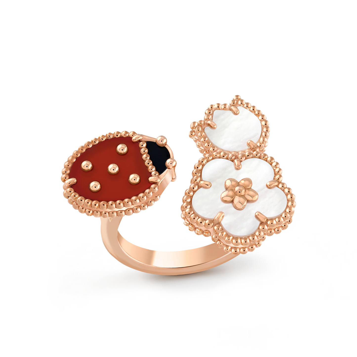 Lucky Spring Between the Finger ring, 18K rose gold, white mother-of-pearl, carnelian, onyx.